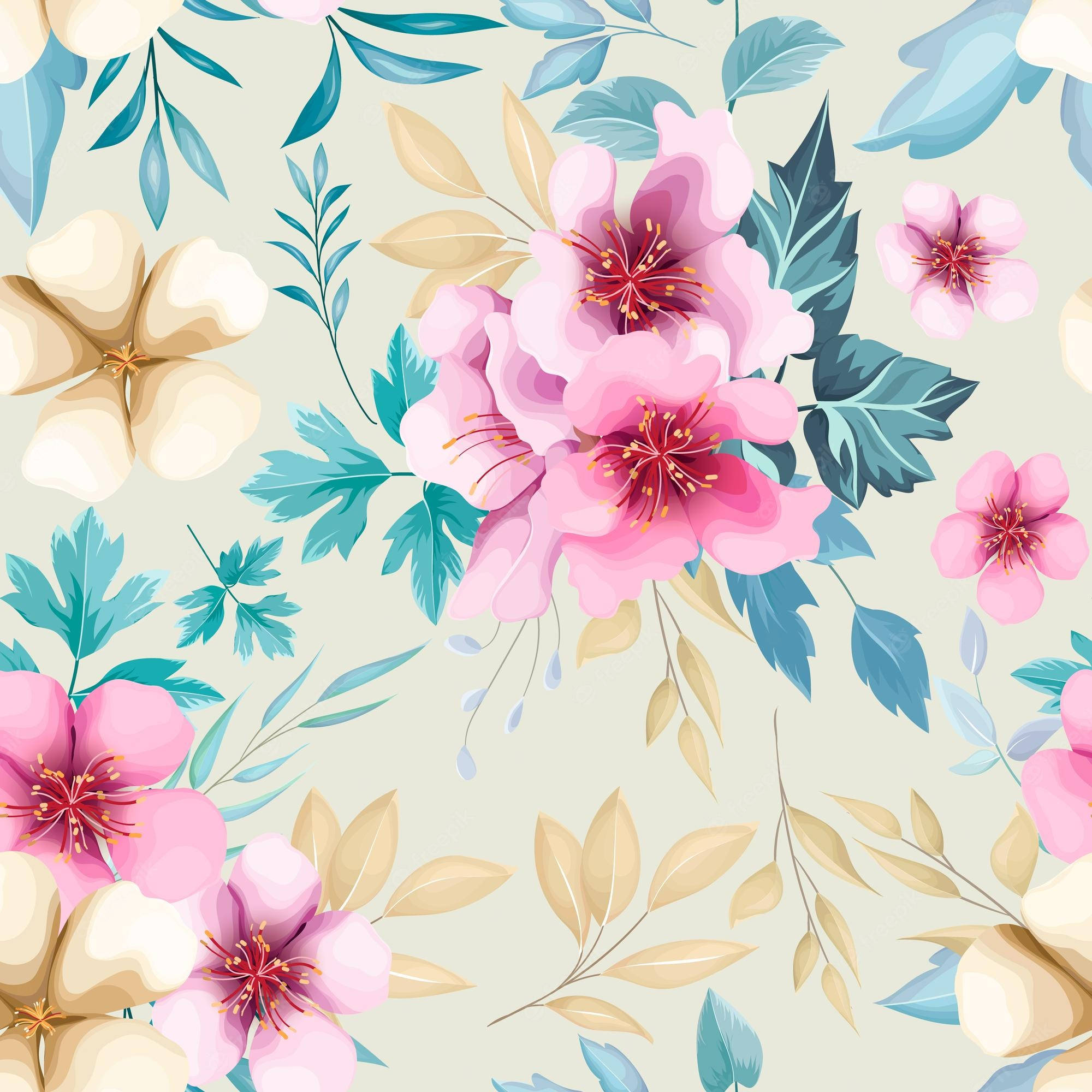 white and pink flowers, pastel floral pattern, pink blossoms, Full HD Desktop Wallpaper