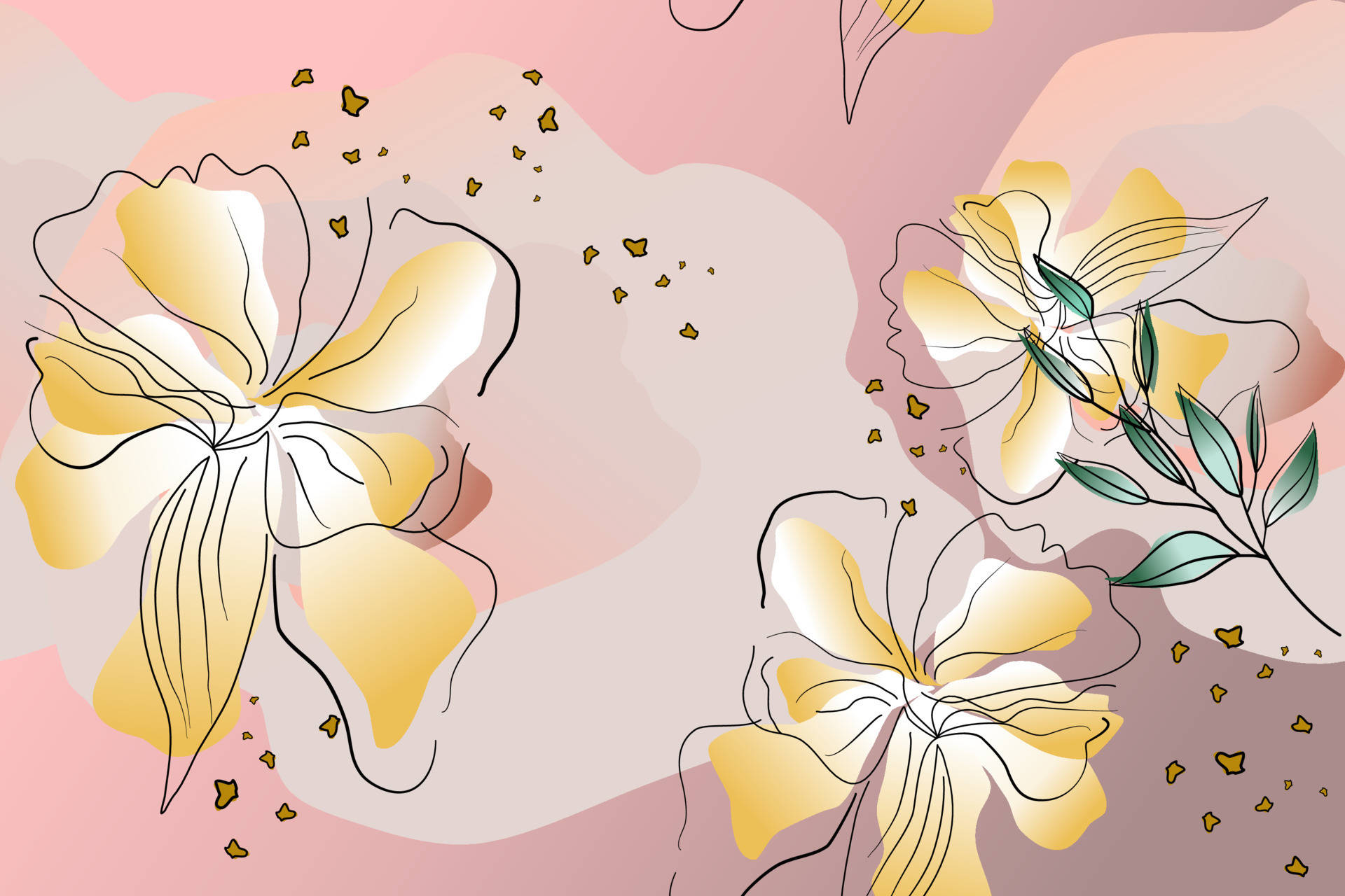 yellow flowers, black outlines, soft pink background, Full HD Desktop Wallpaper