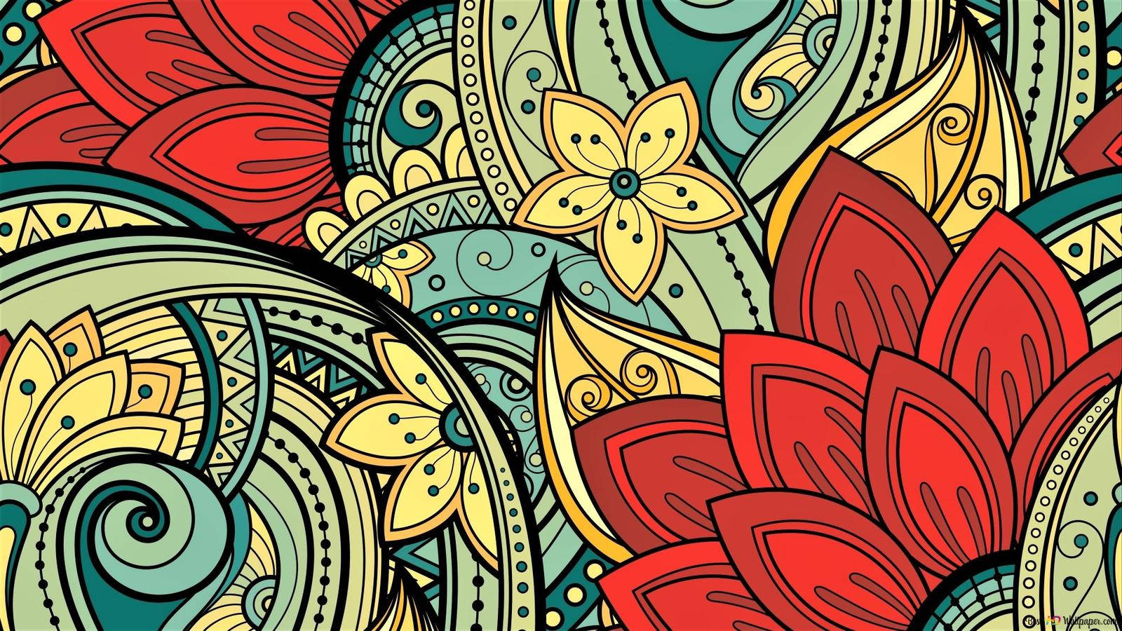 flower mandala design, red, yellow, HD Desktop Wallpaper