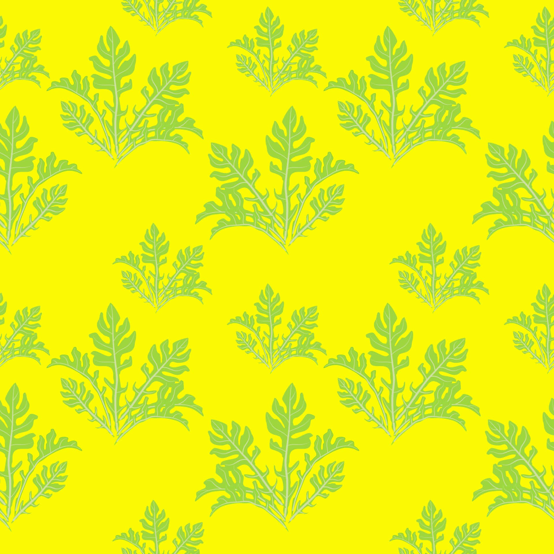 Duplicitous Leaves Pattern, vibrant yellow background, light green stylized leafy plant silhouettes, Full HD Desktop Wallpaper