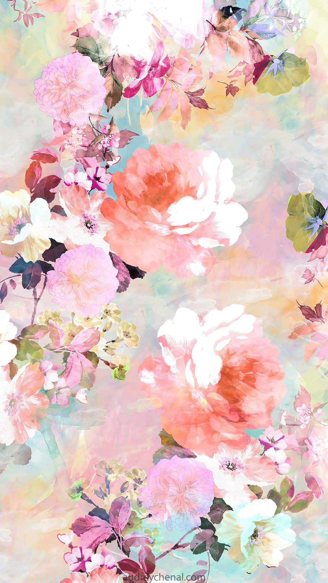 pastel watercolor, pink peach flowers, white flowers, Full HD Phone Wallpaper