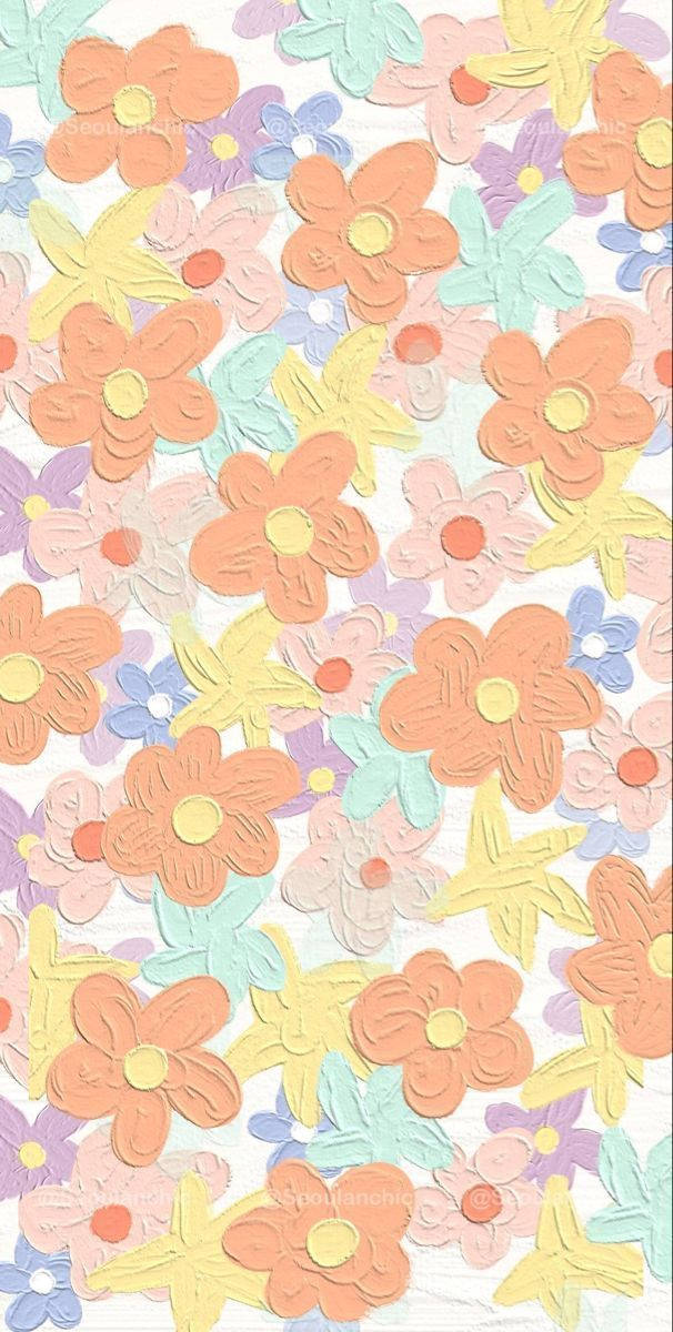 orange floral, pastel-colored paper-cut flowers, stars, SD Phone Wallpaper