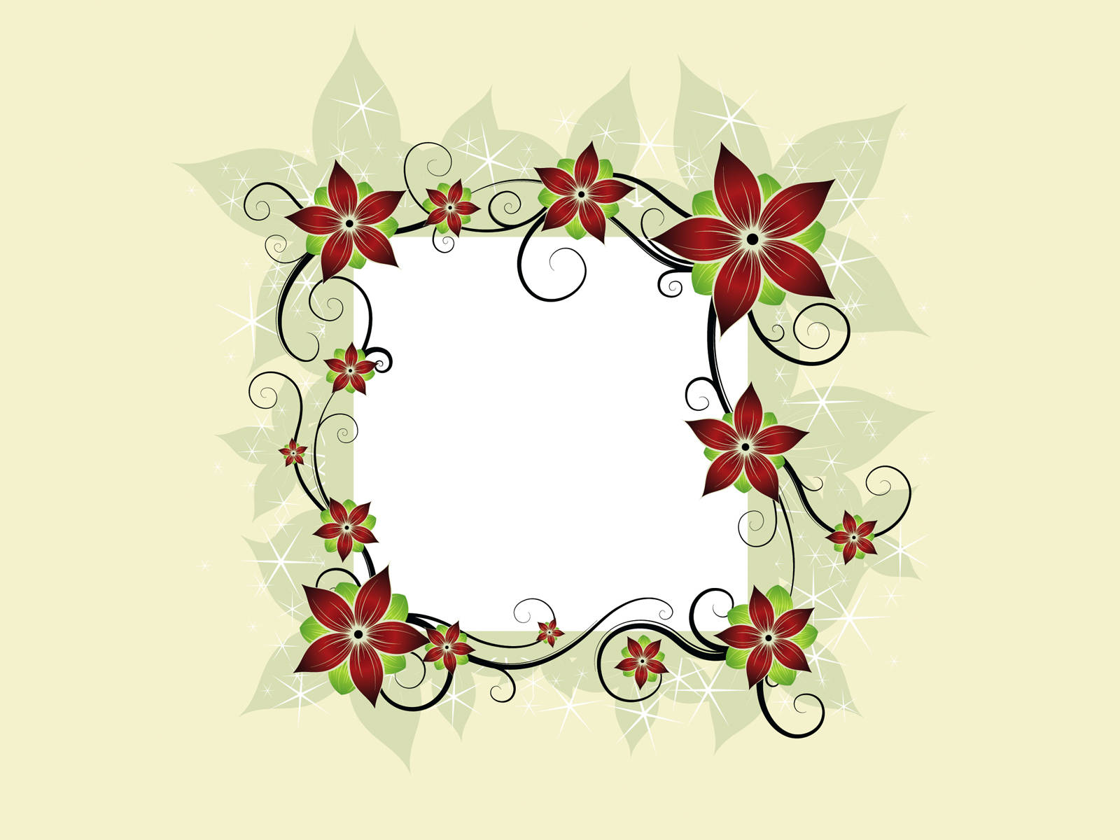 floral frame, red blossoms, swirling vines, HD Desktop Wallpaper
