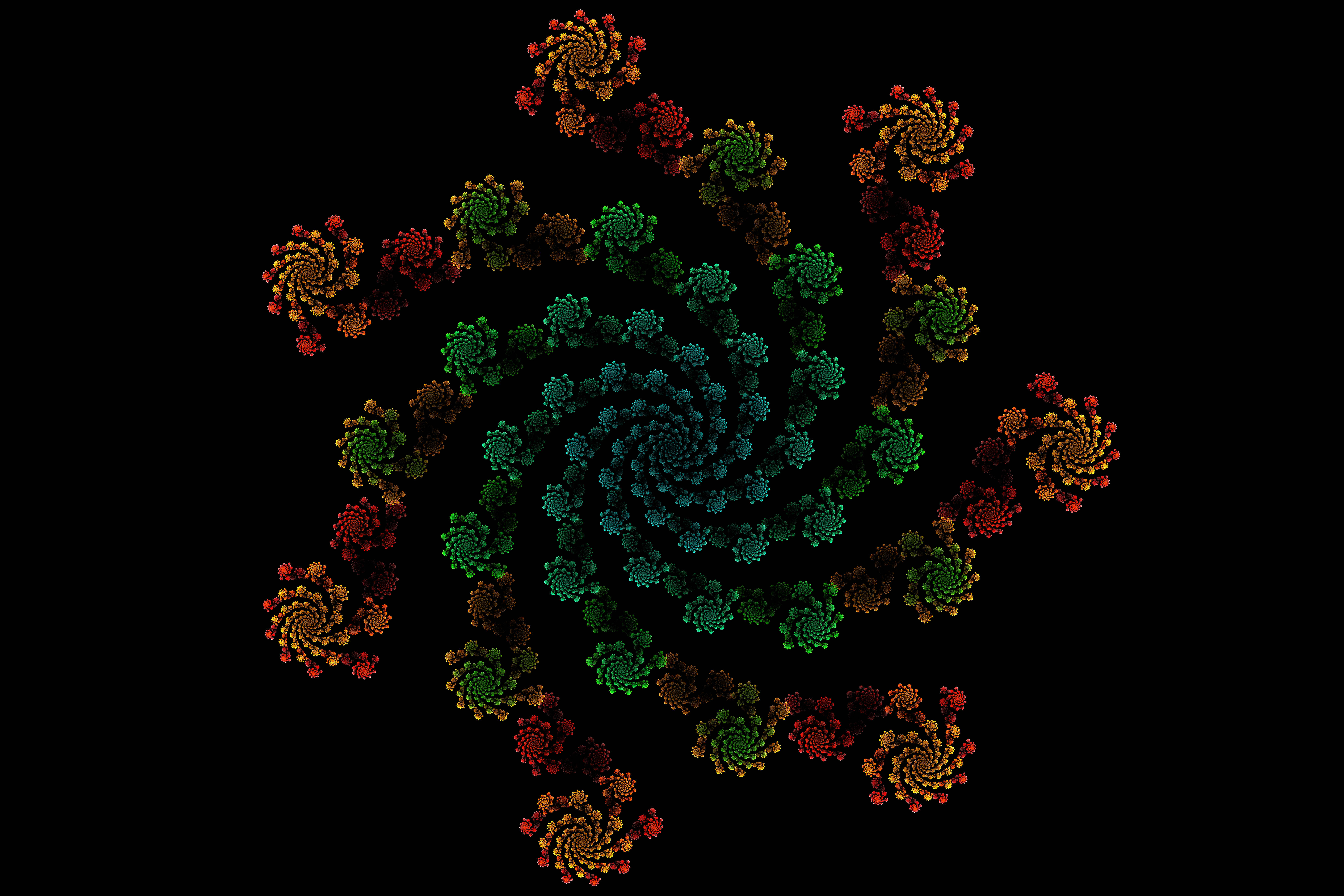 dark flower pattern, fractal spiral, vibrant green, 5K Desktop Wallpaper