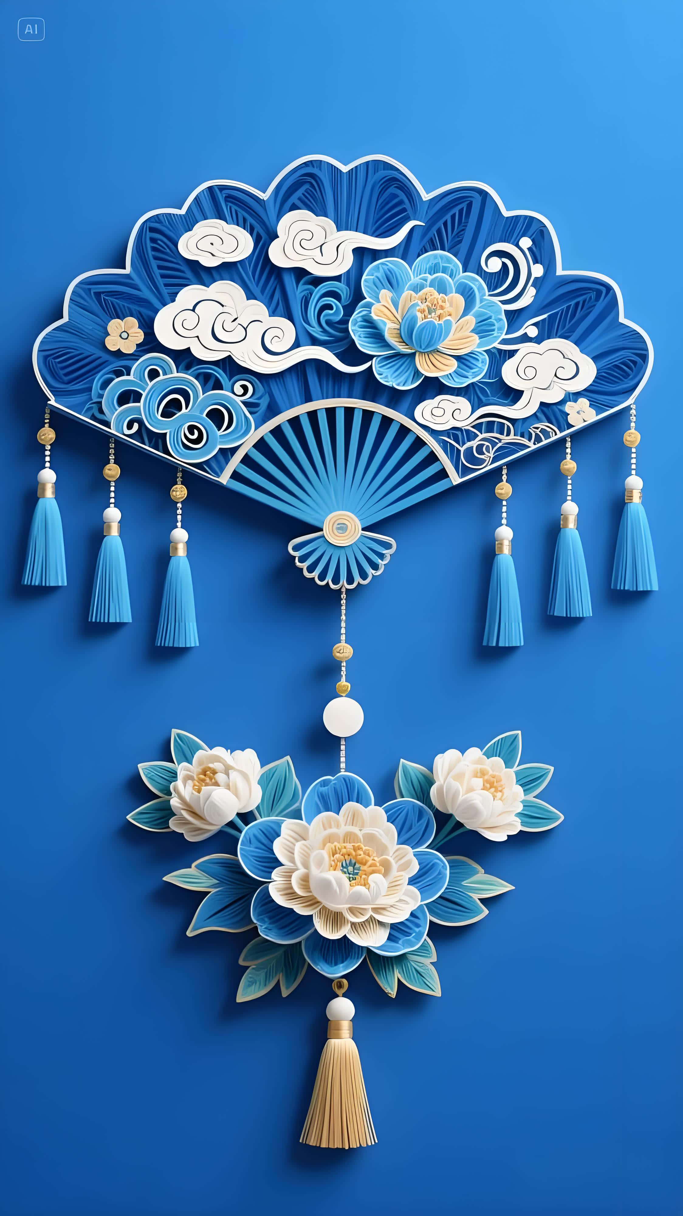 blue fan, white clouds, floral arrangement, 4K Phone Wallpaper