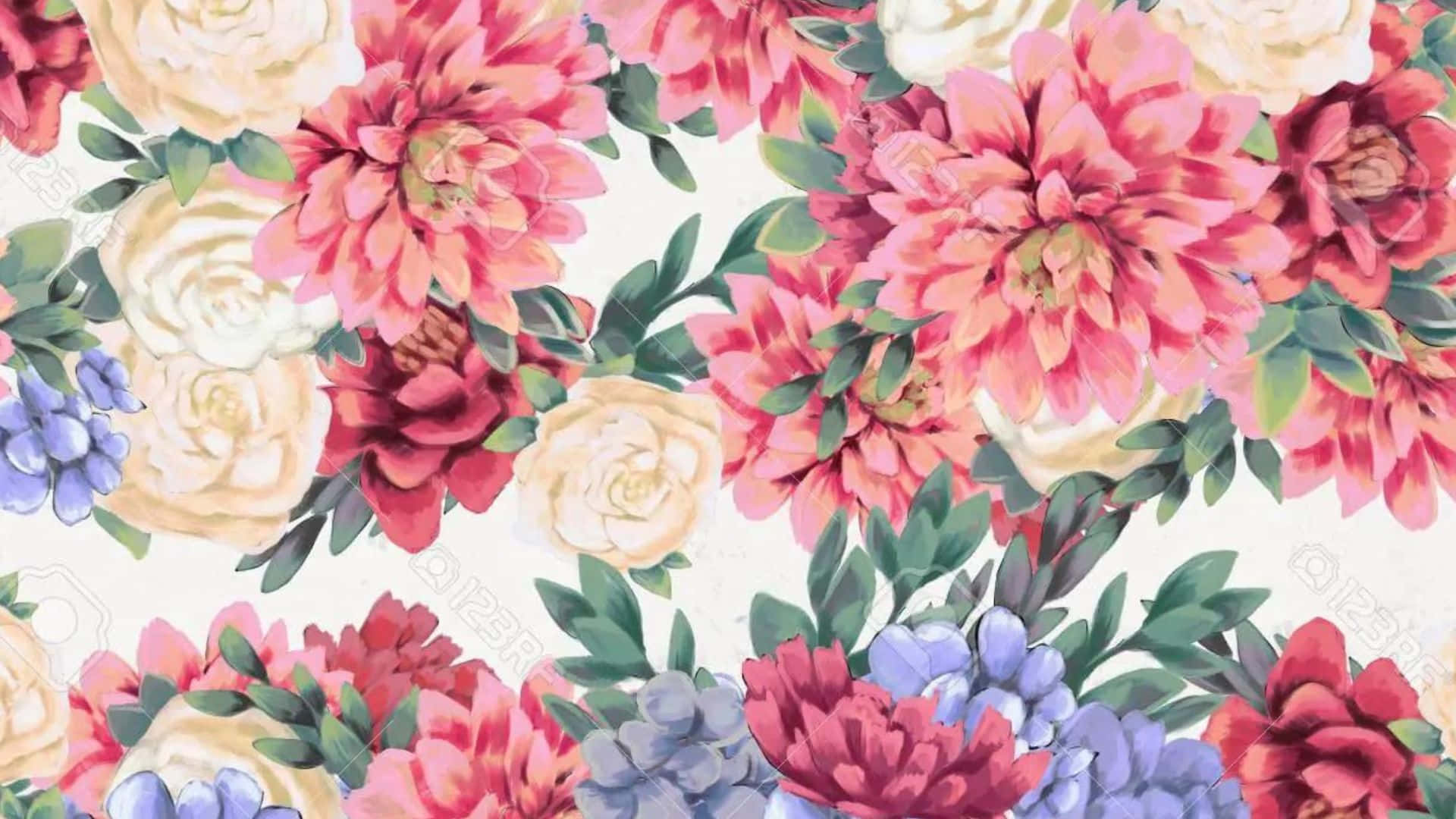 floral print, watercolor-style floral pattern, pink red dahlias, Full HD Desktop Wallpaper