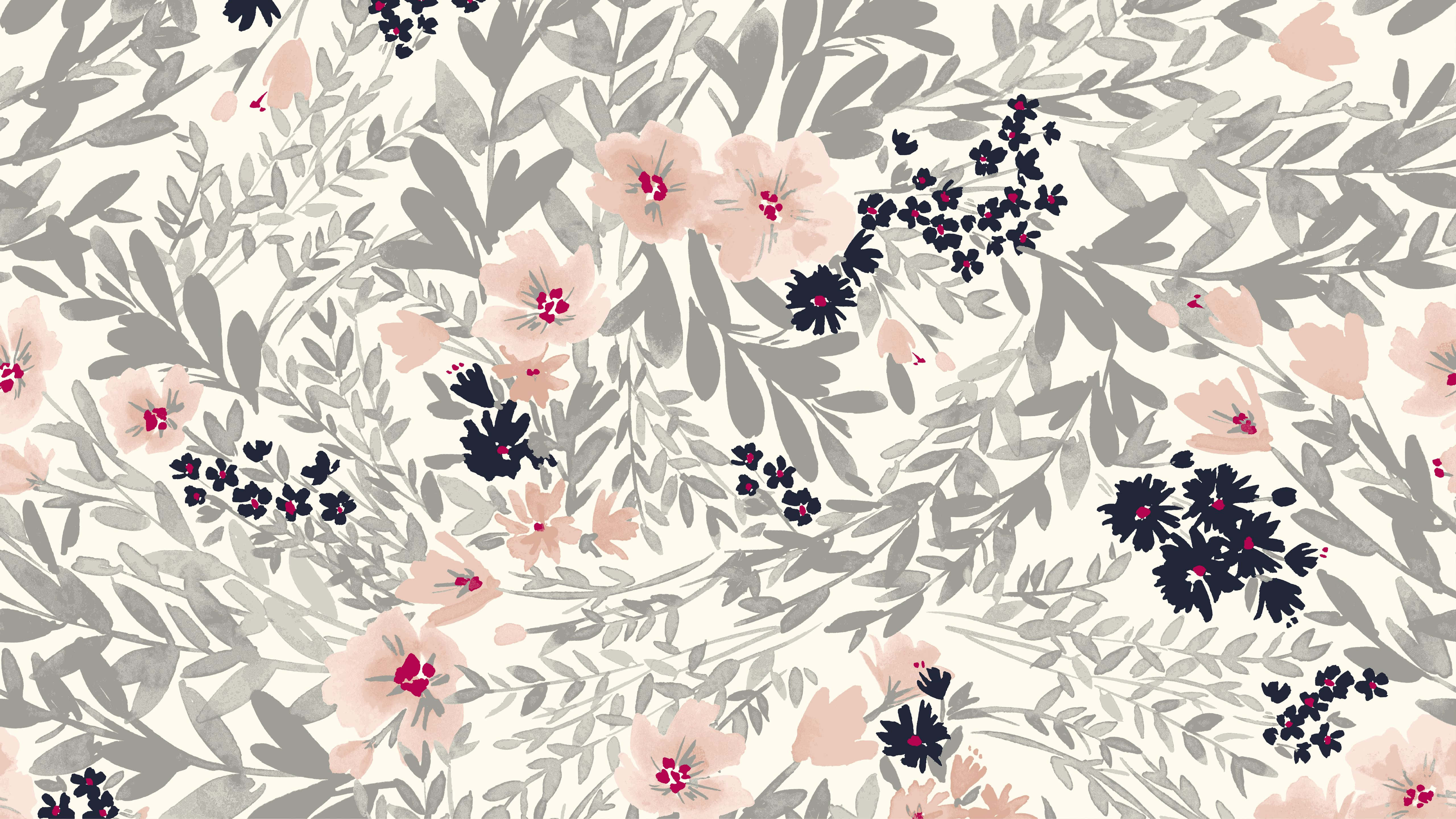 floral print, soft pink blossoms, dark navy clusters, 5K Desktop Wallpaper
