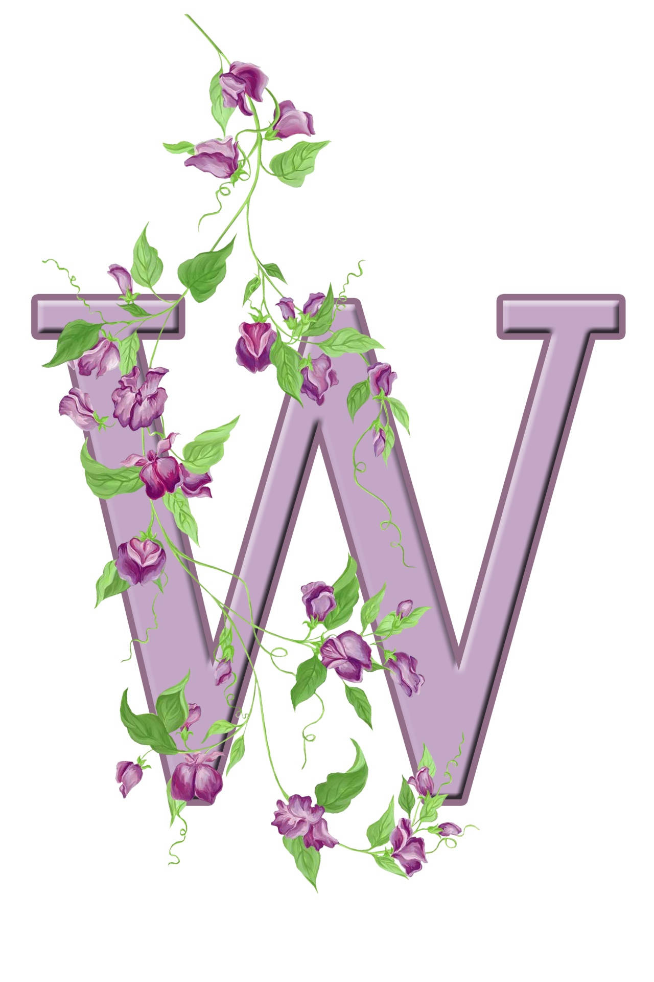 letter W, climbing vines, purple flowers, Full HD Phone Wallpaper