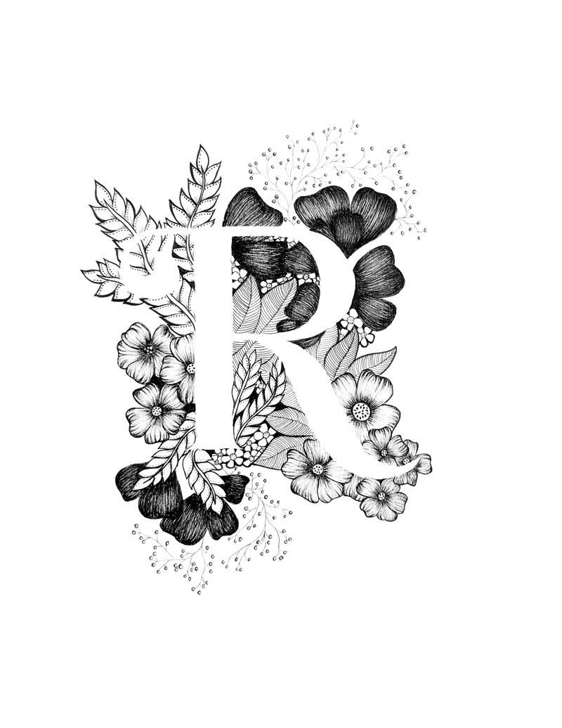 Letter R, floral embellishments, leafy embellishments, SD Phone Wallpaper