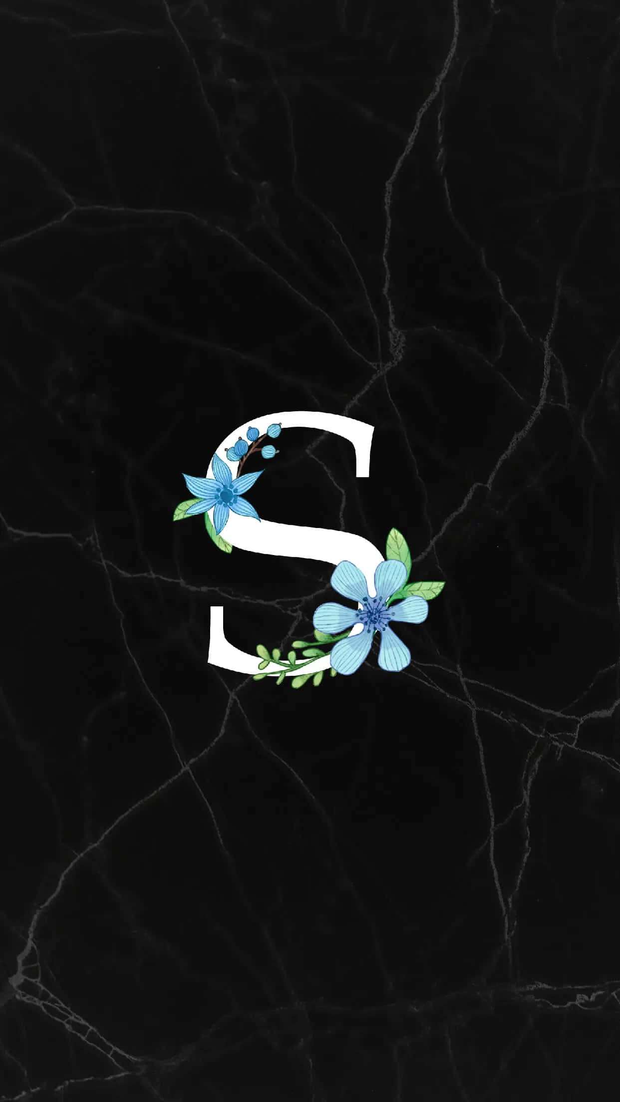 white stylized letter S, blue flowers, green leaves, Full HD Phone Wallpaper