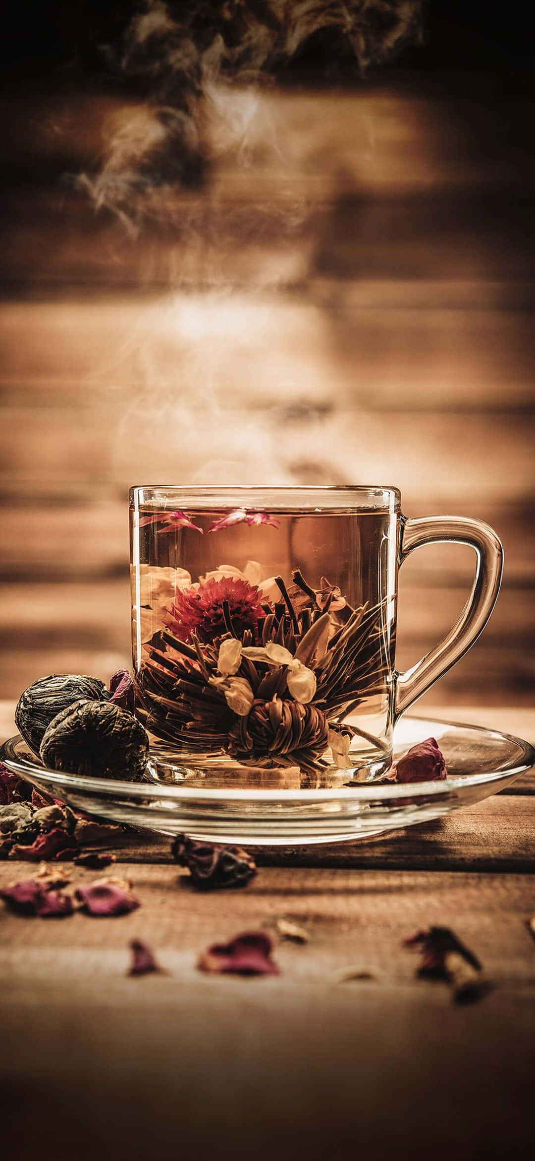 floral tea, steaming glass mug, herbal tea, Full HD Phone Wallpaper