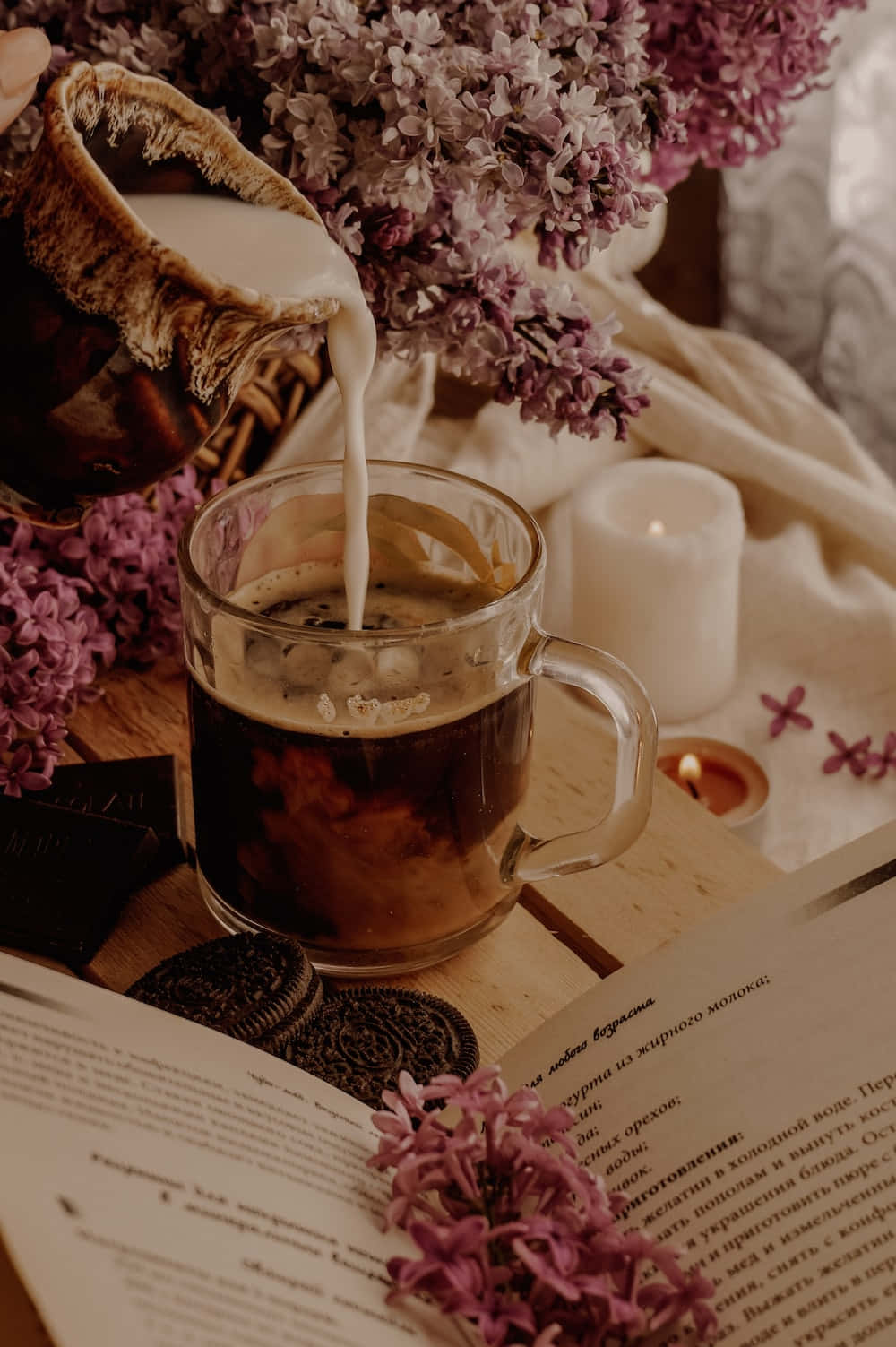Floral Tea, lilacs, chocolate cookies, HD Phone Wallpaper