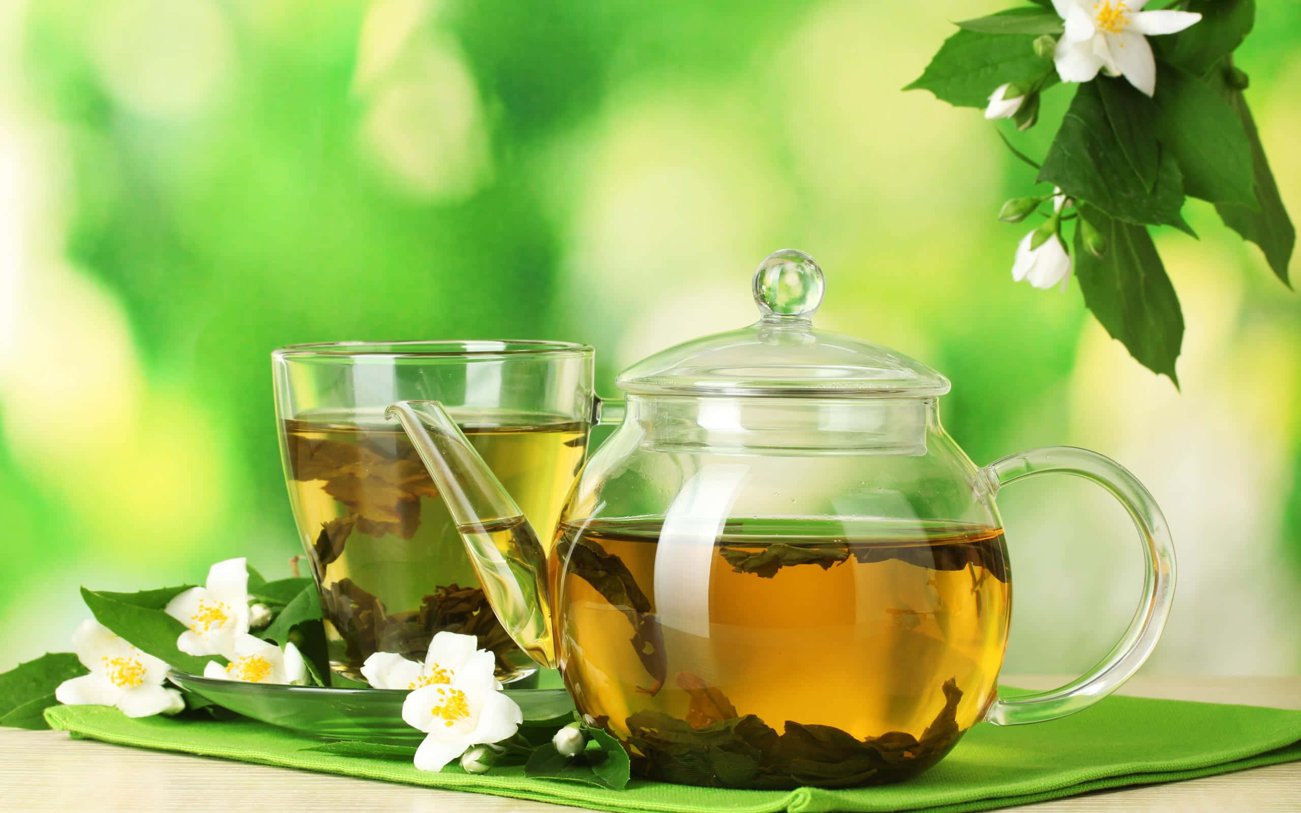 floral tea, golden jasmine tea, green cloth, 2K Desktop Wallpaper