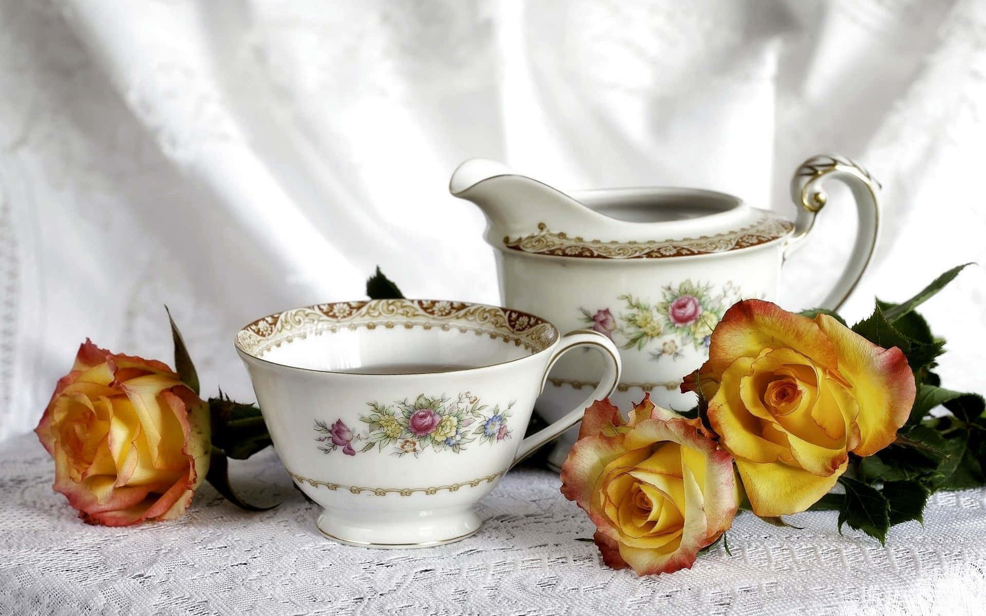 Floral Tea, vintage porcelain tea set, floral patterns, Full HD Desktop Wallpaper