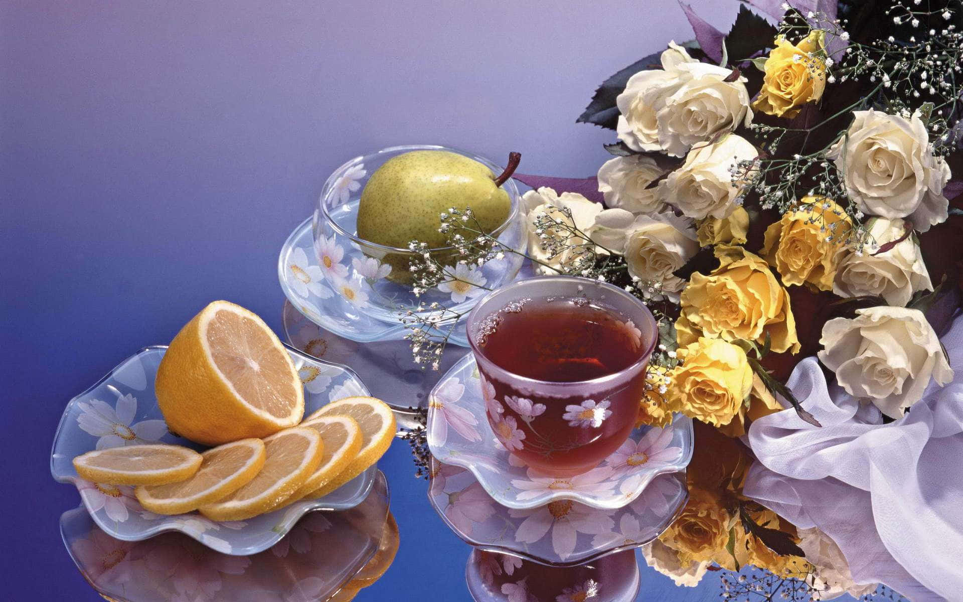 floral tea, white and yellow roses, floral plates, Full HD Desktop Wallpaper