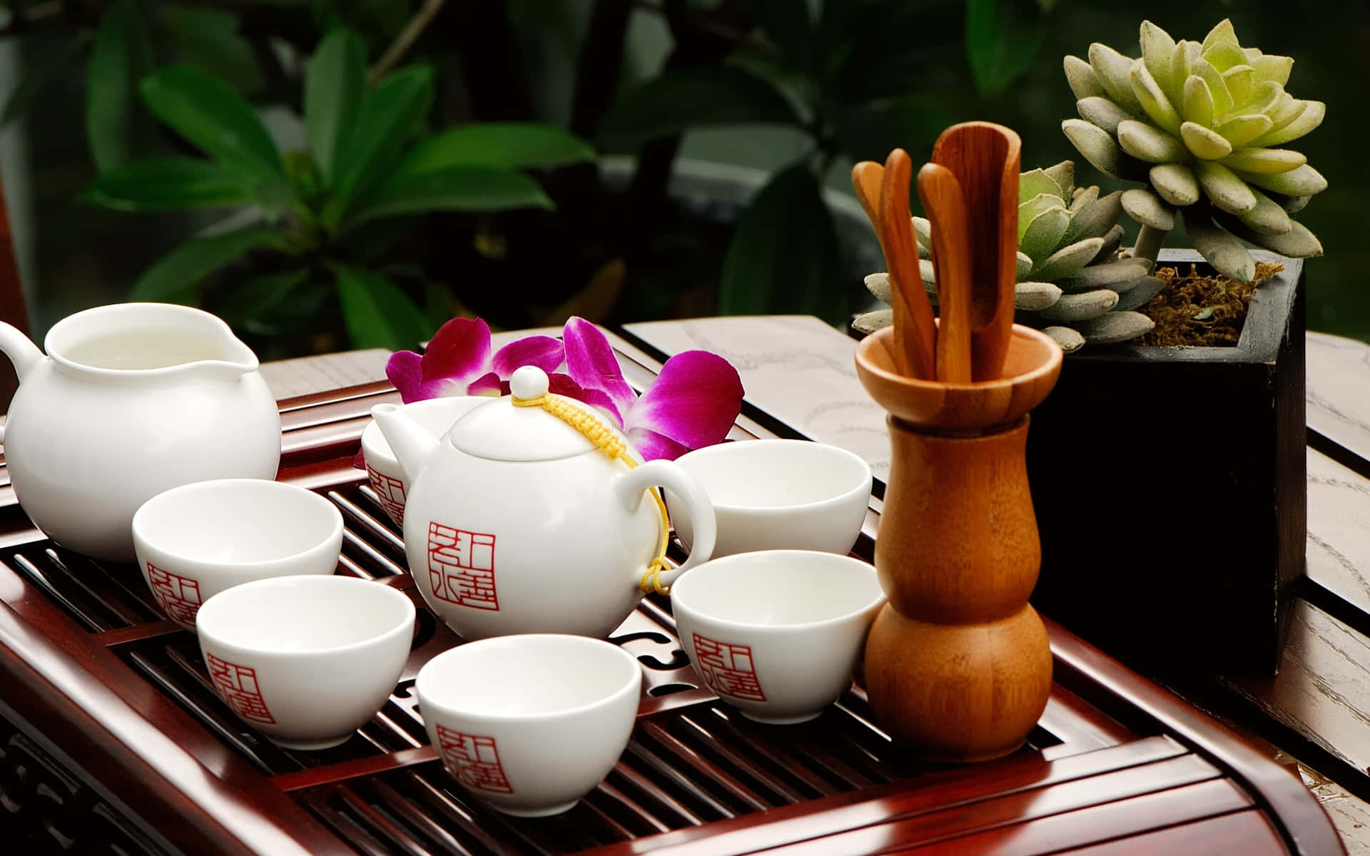 Floral Tea, white porcelain cups, teapot, Full HD Desktop Wallpaper