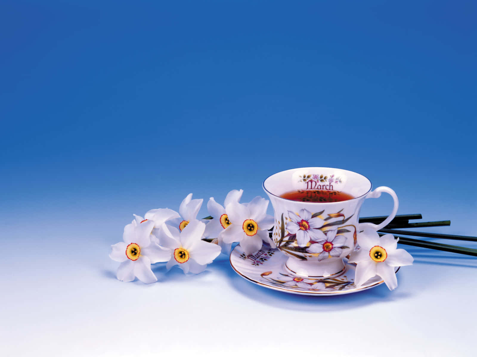 floral tea, glass cup, daffodils, HD Desktop Wallpaper