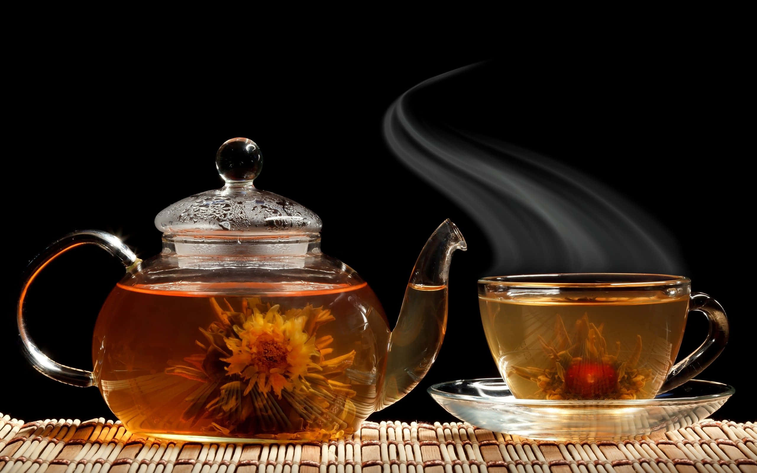 Floral Tea, glass teapot, teacup, 2K Desktop Wallpaper
