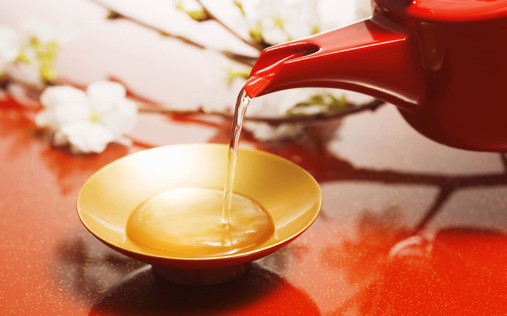 floral tea, red teapot, golden cup, Full HD Desktop Wallpaper