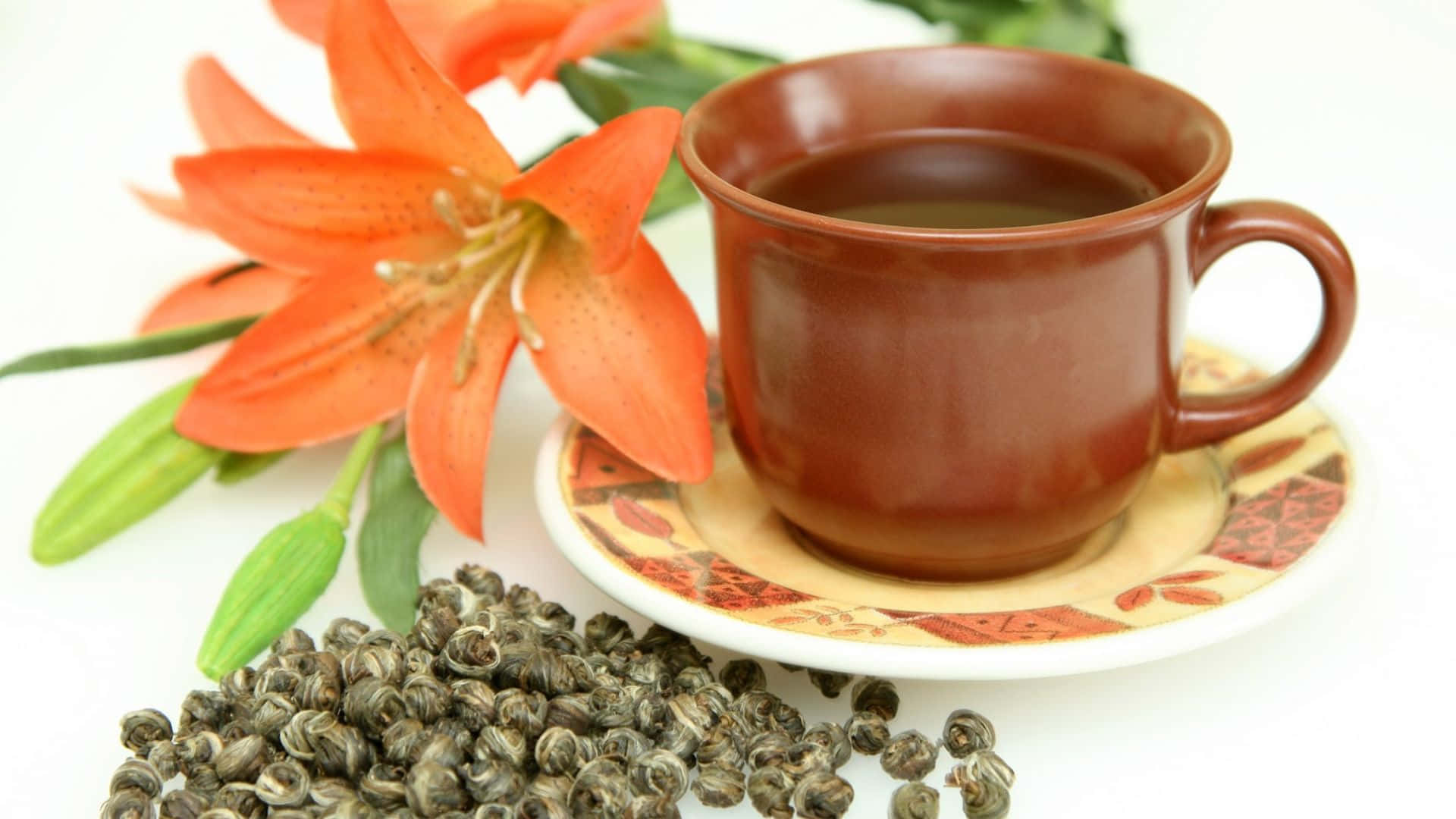 floral tea, brown ceramic cup, patterned saucer, Full HD Desktop Wallpaper
