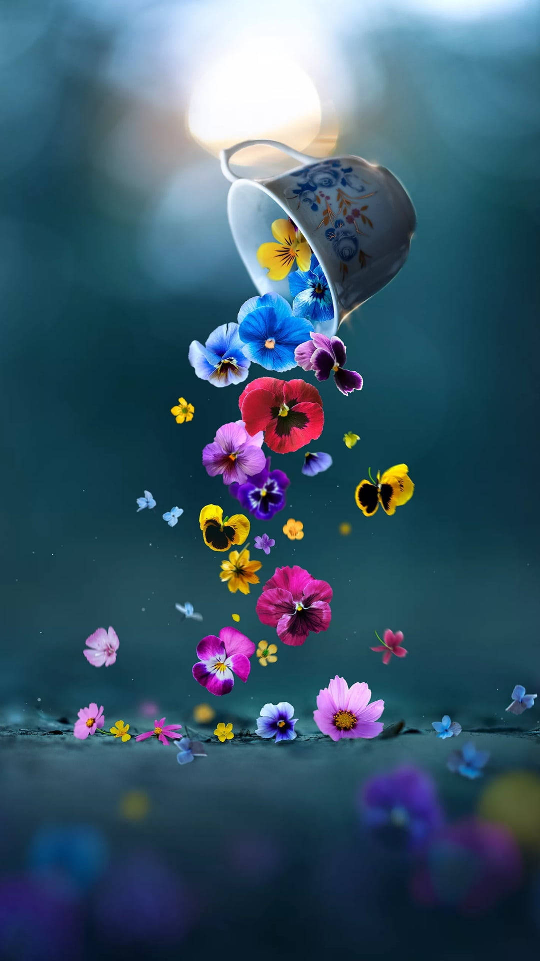 teacup, pansies, soft blue twilight, Full HD Phone Wallpaper