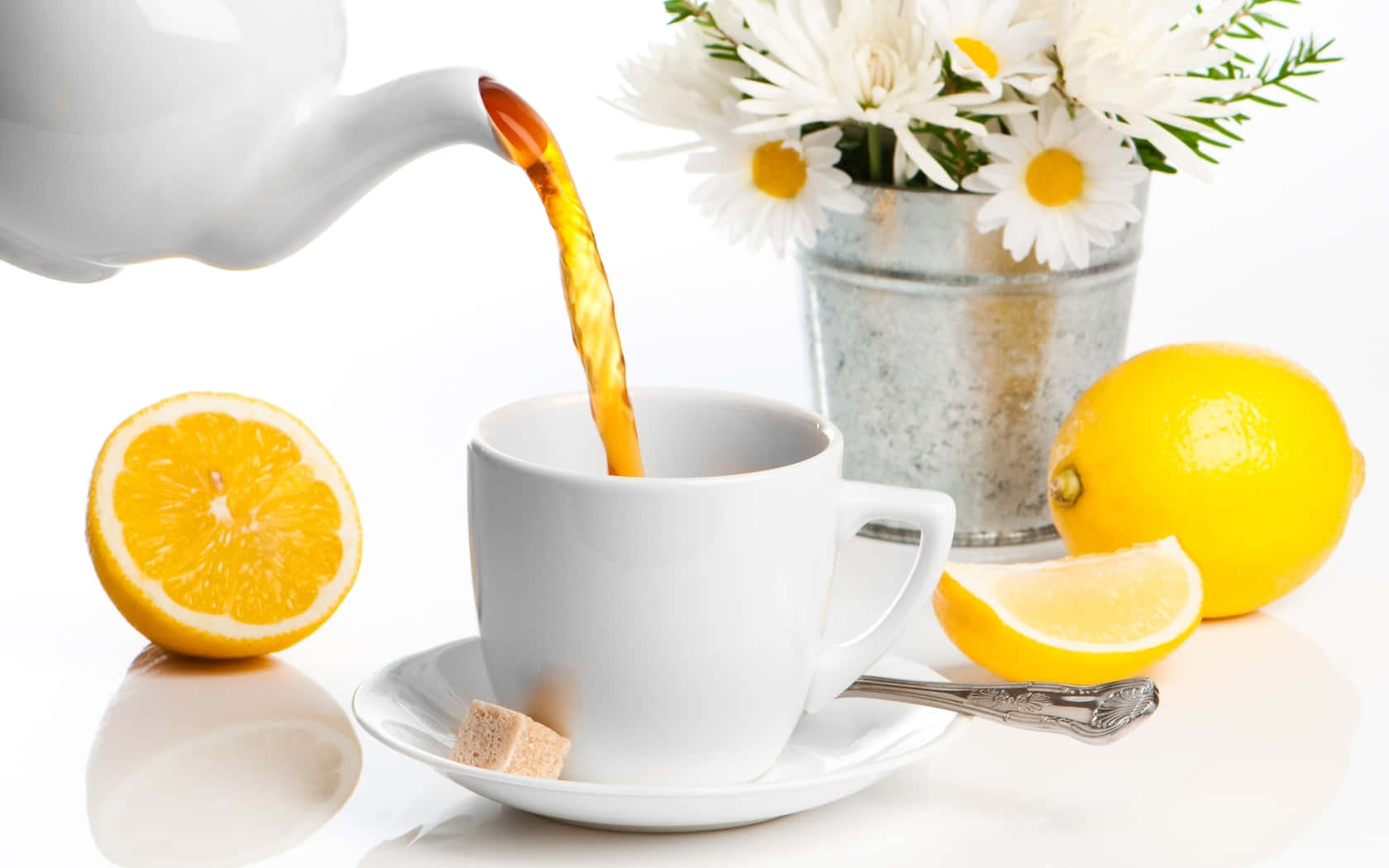 Floral Tea, white kettle, cup, HD Desktop Wallpaper