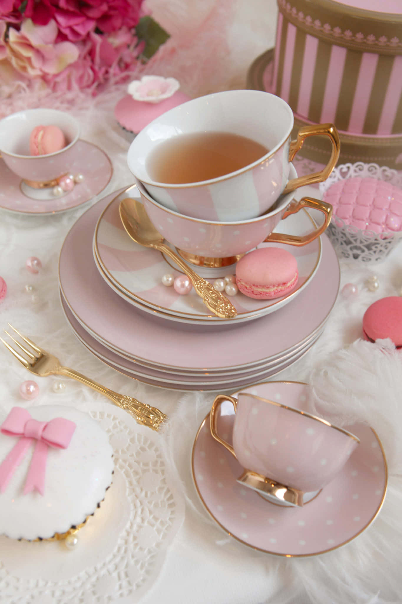 pink tea, pink and gold tea set, macarons, Full HD Phone Wallpaper