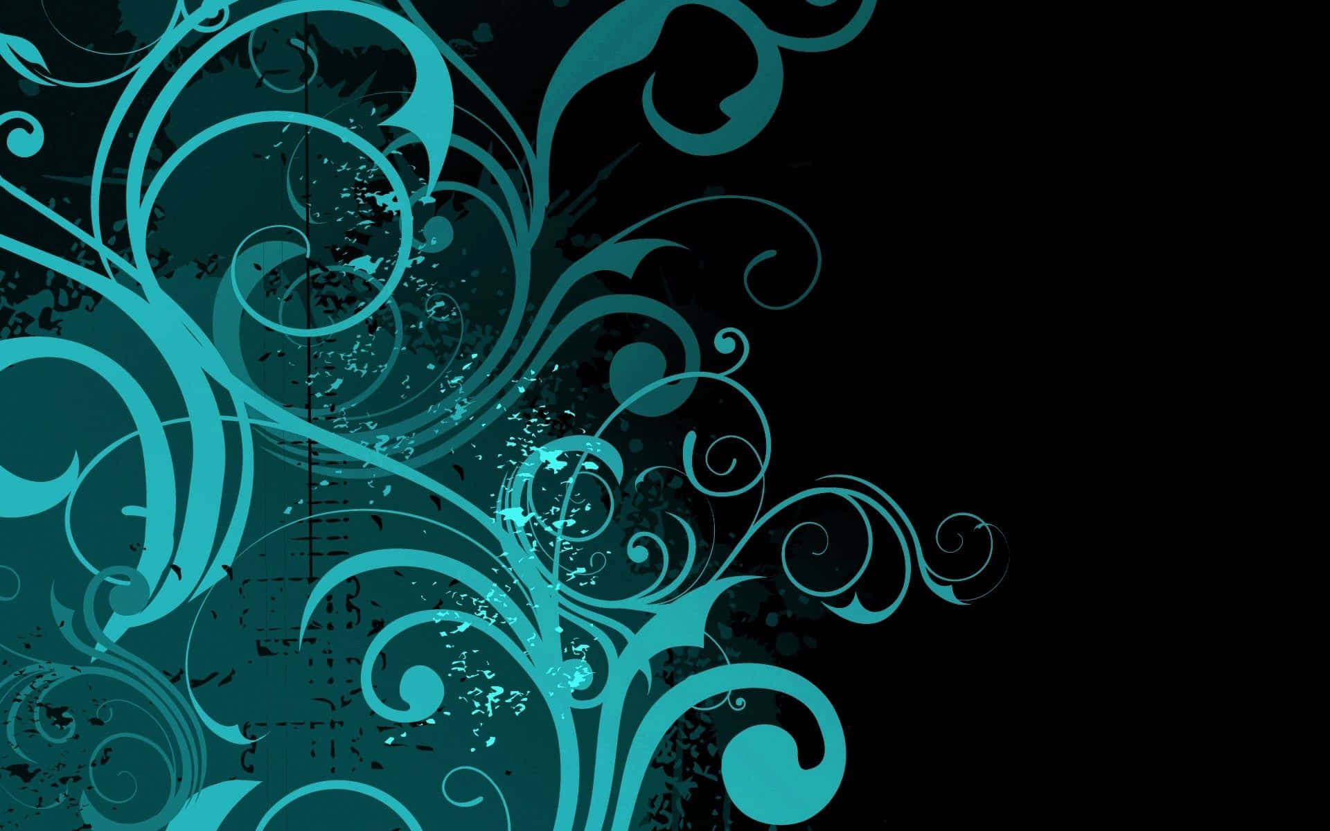 teal flower, vibrant teal swirling floral patterns, textured black background, Full HD Desktop Wallpaper