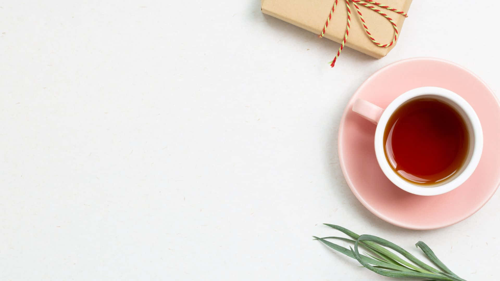 pink saucer, cup of dark tea, wrapped gift, Full HD Desktop Wallpaper