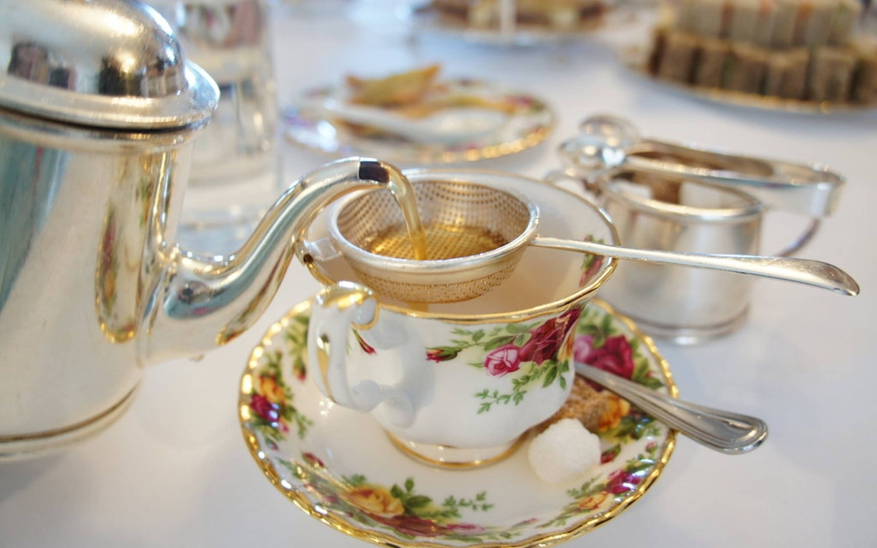 golden tea, silver kettle, floral teacup, 2K Desktop Wallpaper