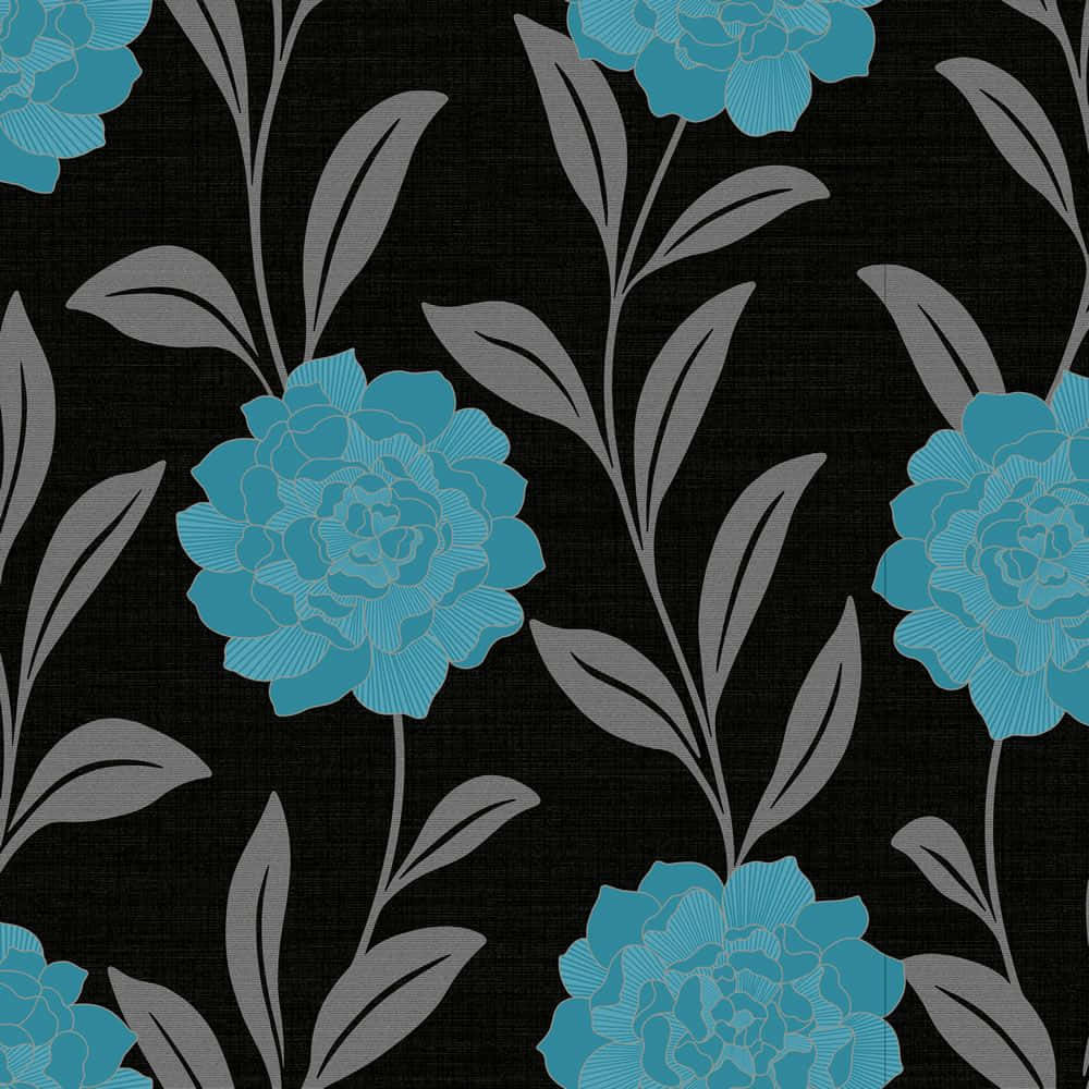 Black And Teal Floral Pattern, bold blue peonies, gray stems and leaves, SD Desktop Wallpaper