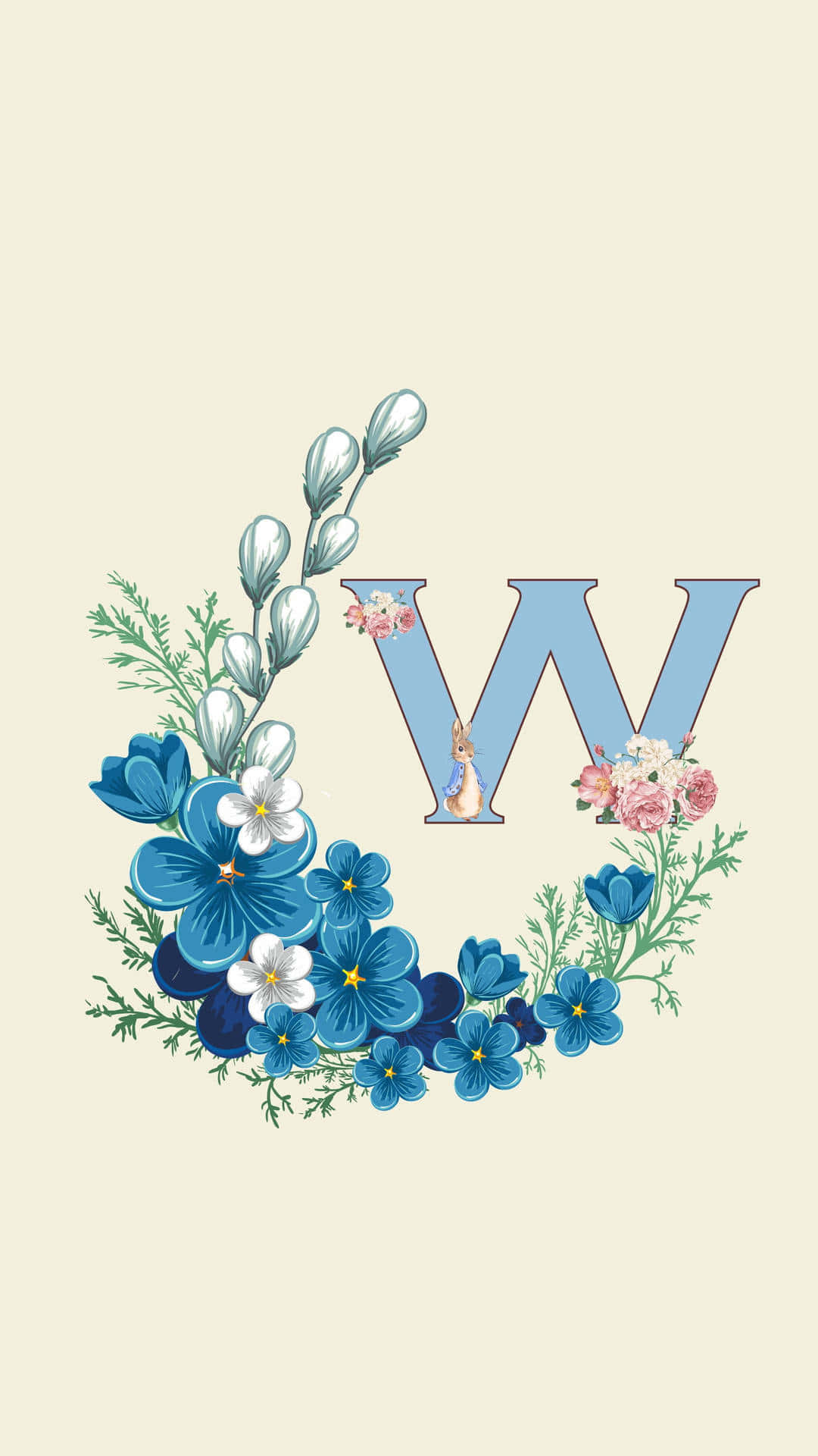 floral wreath, light blue letter W, blue and pink blossoms, Full HD Phone Wallpaper
