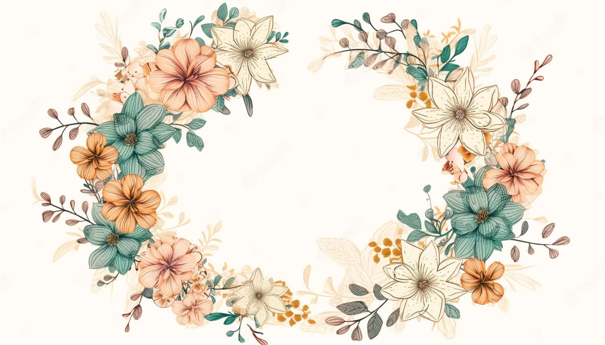 floral wreath, peach orange, teal, Full HD Desktop Wallpaper
