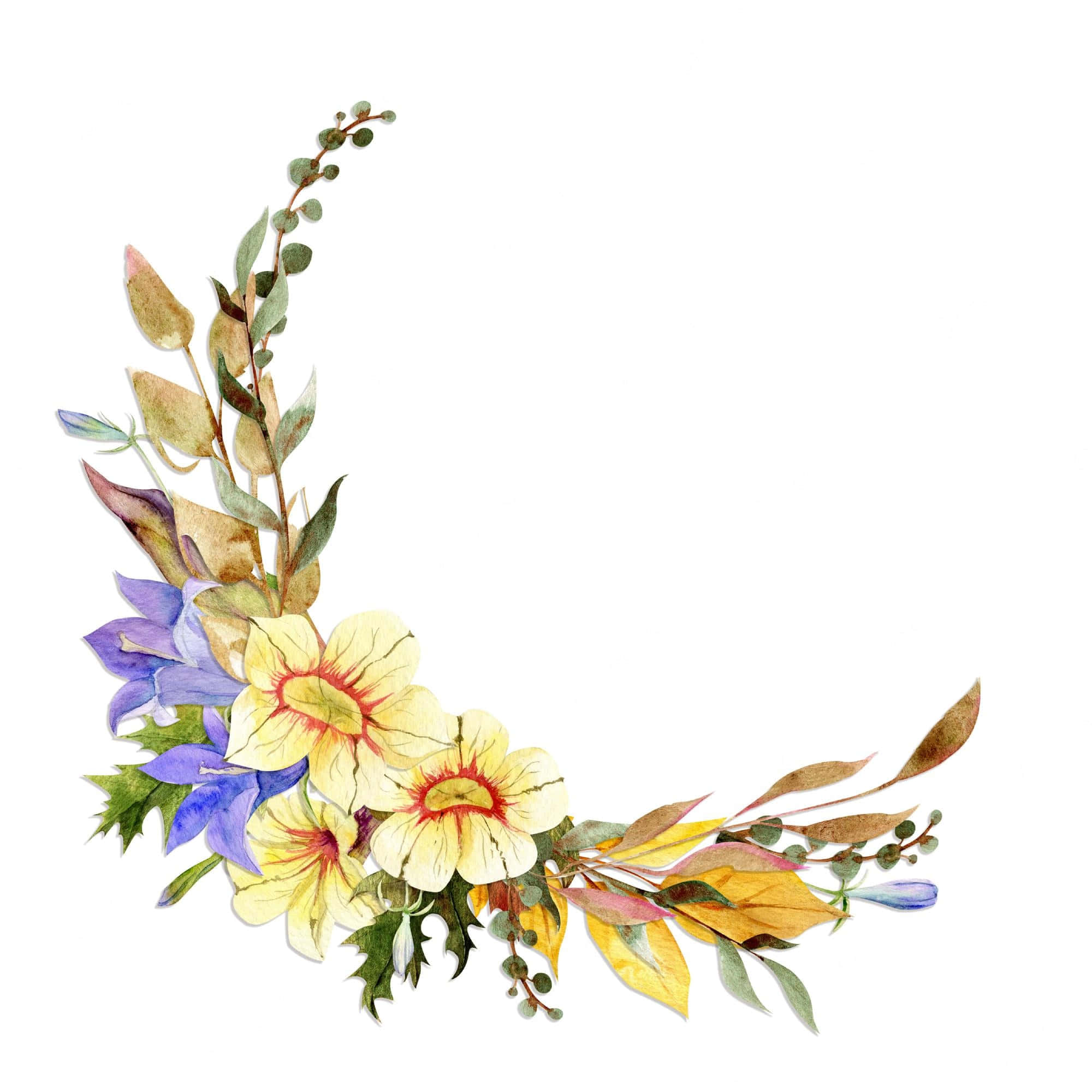 floral wreath, watercolor floral arrangement, yellow and purple blooms, Full HD Desktop Wallpaper