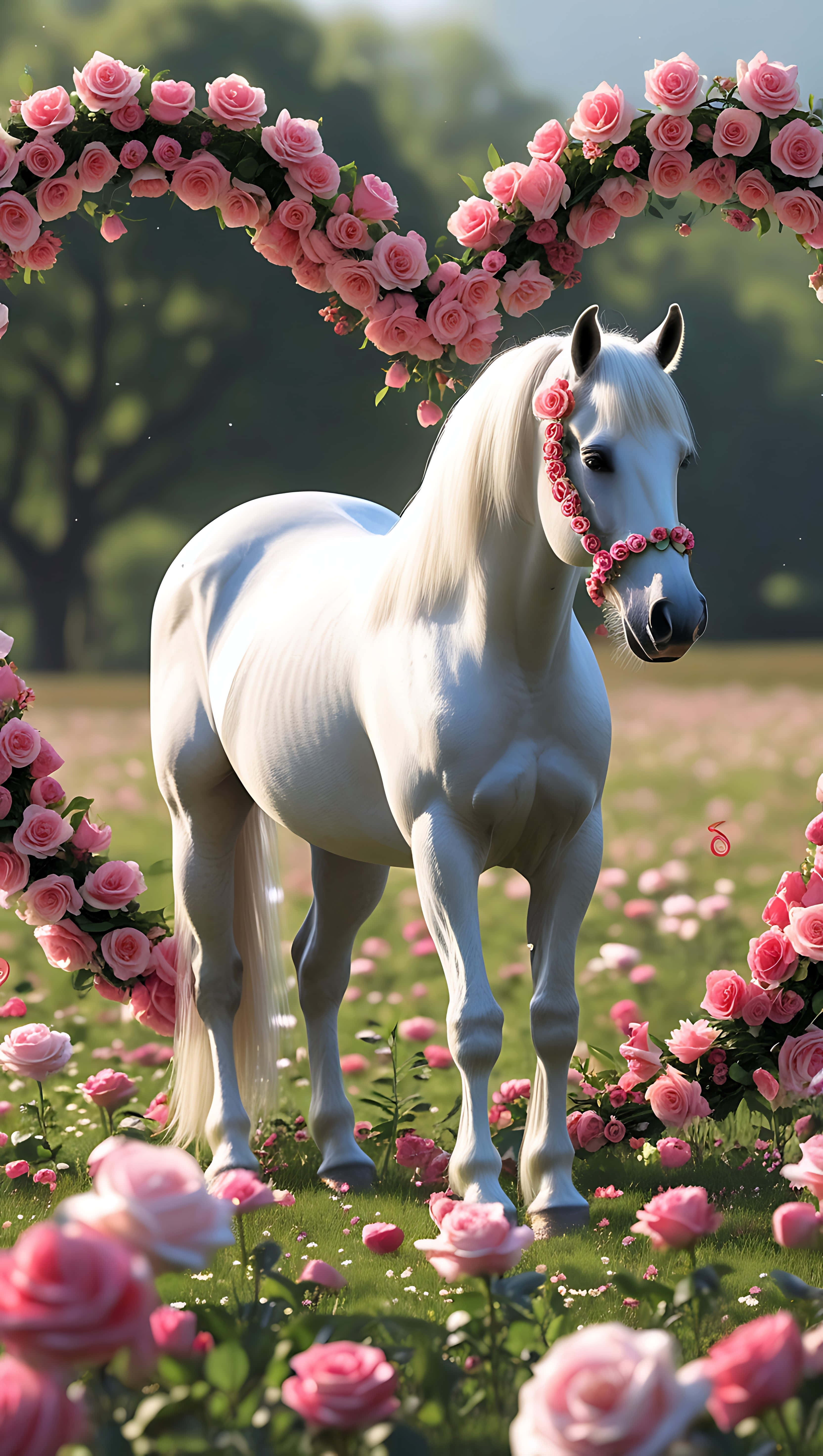 cute horse, floral wreath, valentine love, 5K Phone Wallpaper