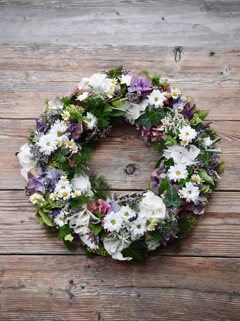 floral wreath, white daisies, purple hydrangeas, HD Phone Wallpaper
