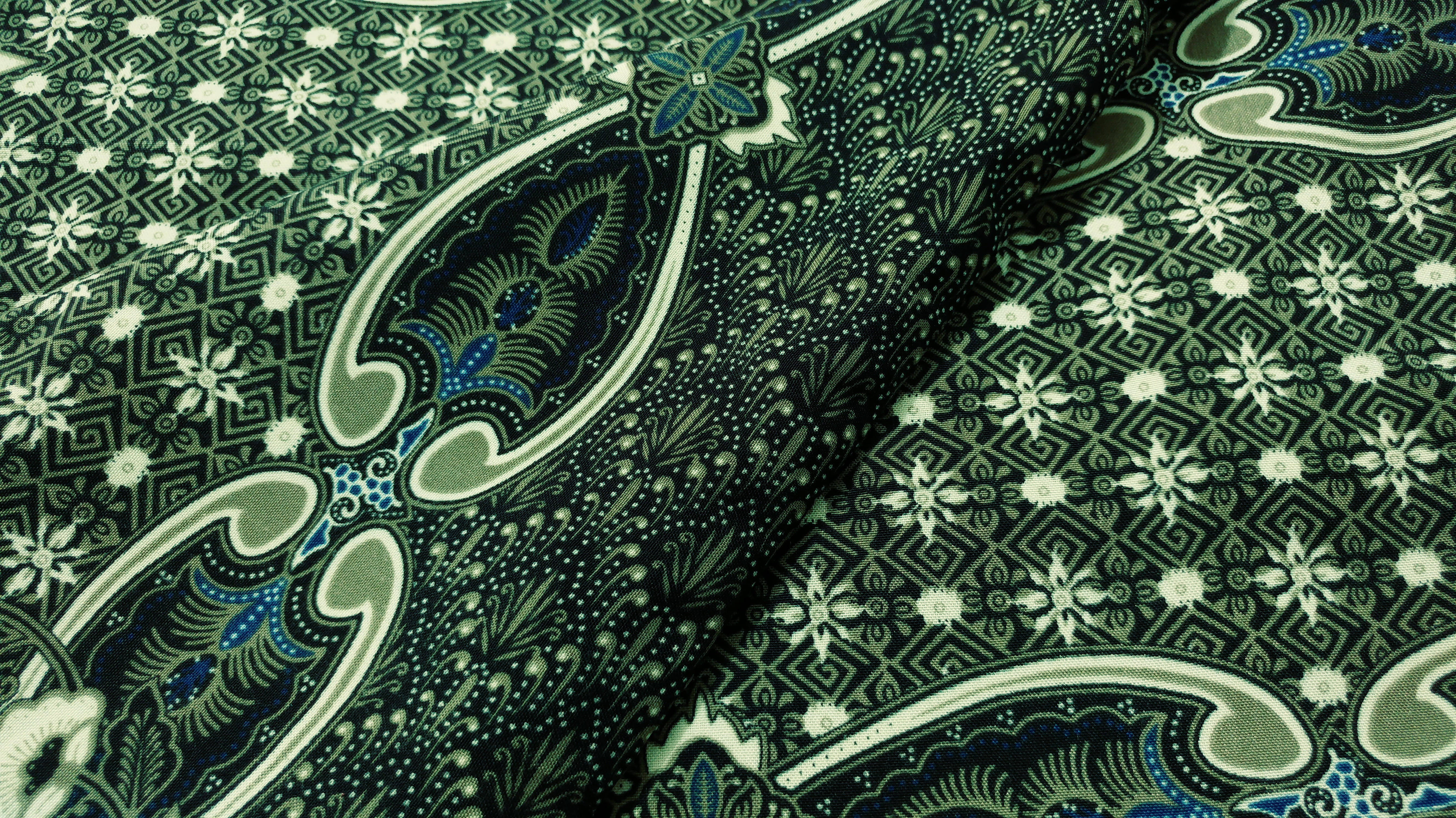 batik, dark green fabric, white blue and teal paisley, 5K Desktop Wallpaper