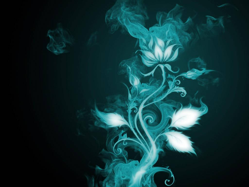 cyan smoke flower, glowing turquoise, swirling tendrils, SD Desktop Wallpaper