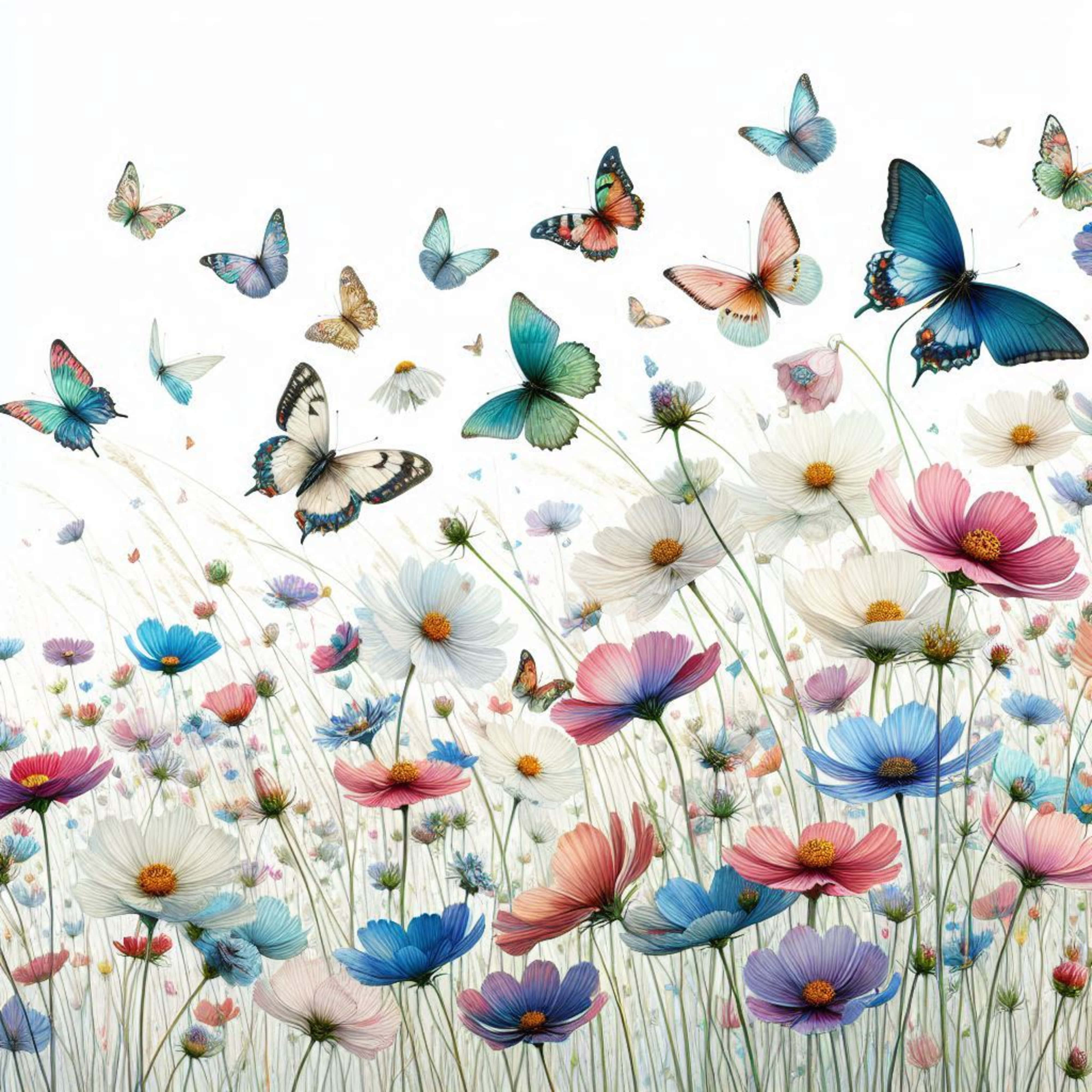 cosmos flowers, iridescent butterflies, bright white sky, 4K Desktop Wallpaper