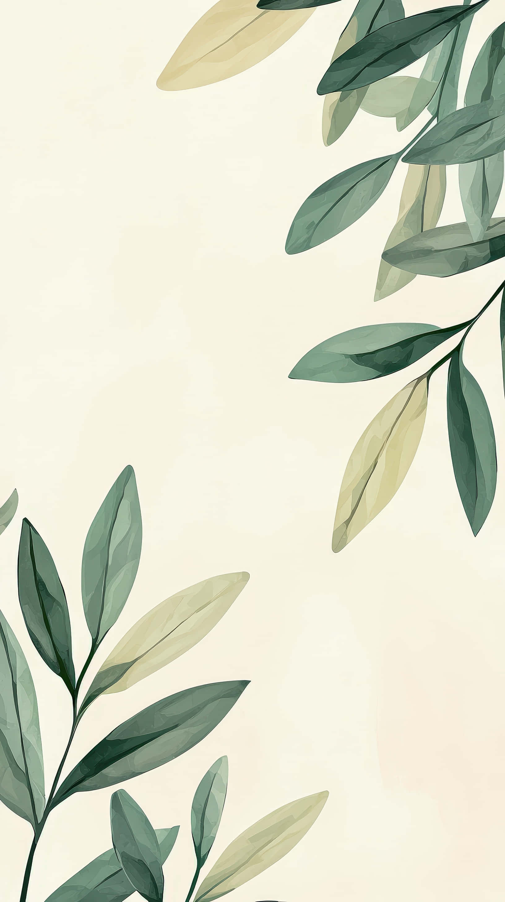 minimalist, botanical watercolor leaves, muted greens, 2K Phone Wallpaper
