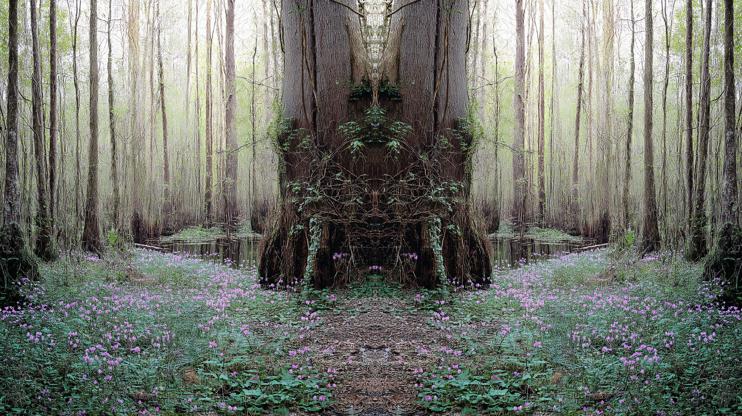 symmetrical forest, massive tree with roots and vines, purple flowers, 2K Desktop Wallpaper