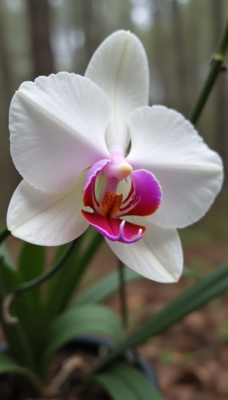 white orchid, vibrant pink and orange center, soft blurred forest background, HD Phone Wallpaper