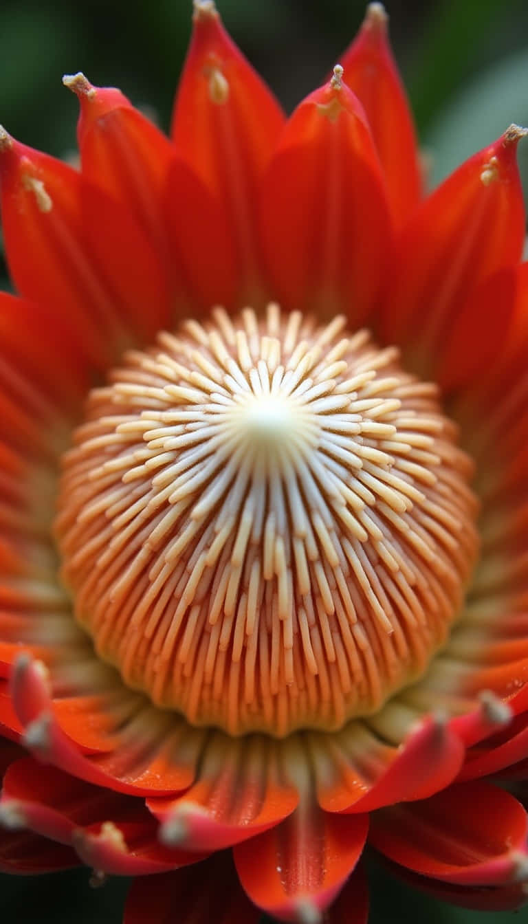 protea flower, vibrant red, textured orange and white center, HD Phone Wallpaper