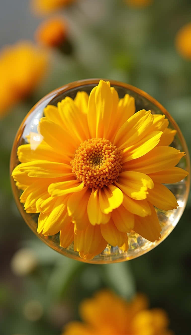 yellow flower, clear glass sphere, soft blurred garden background, HD Phone Wallpaper