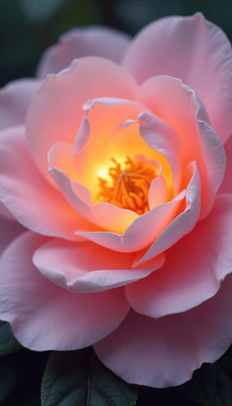 soft pink rose, glowing golden center, dark green leaves, HD Phone Wallpaper