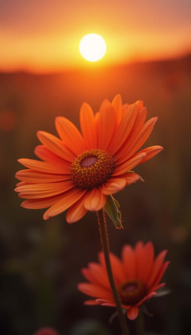 orange daisy, glowing sunset sky, bright sun, HD Phone Wallpaper