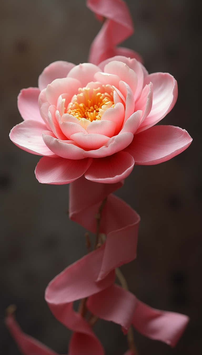 pink camellia bloom, golden center, soft pink ribbon, HD Phone Wallpaper