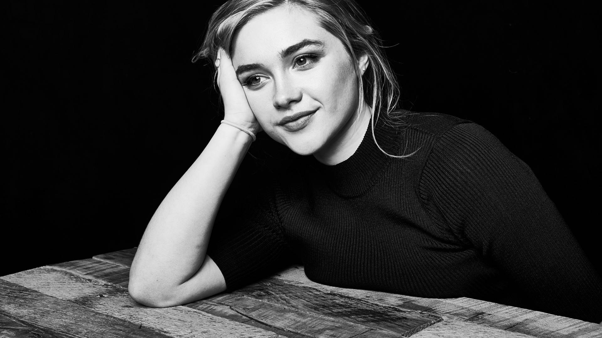 Florence Pugh, black background, wooden surface, Full HD Desktop Wallpaper