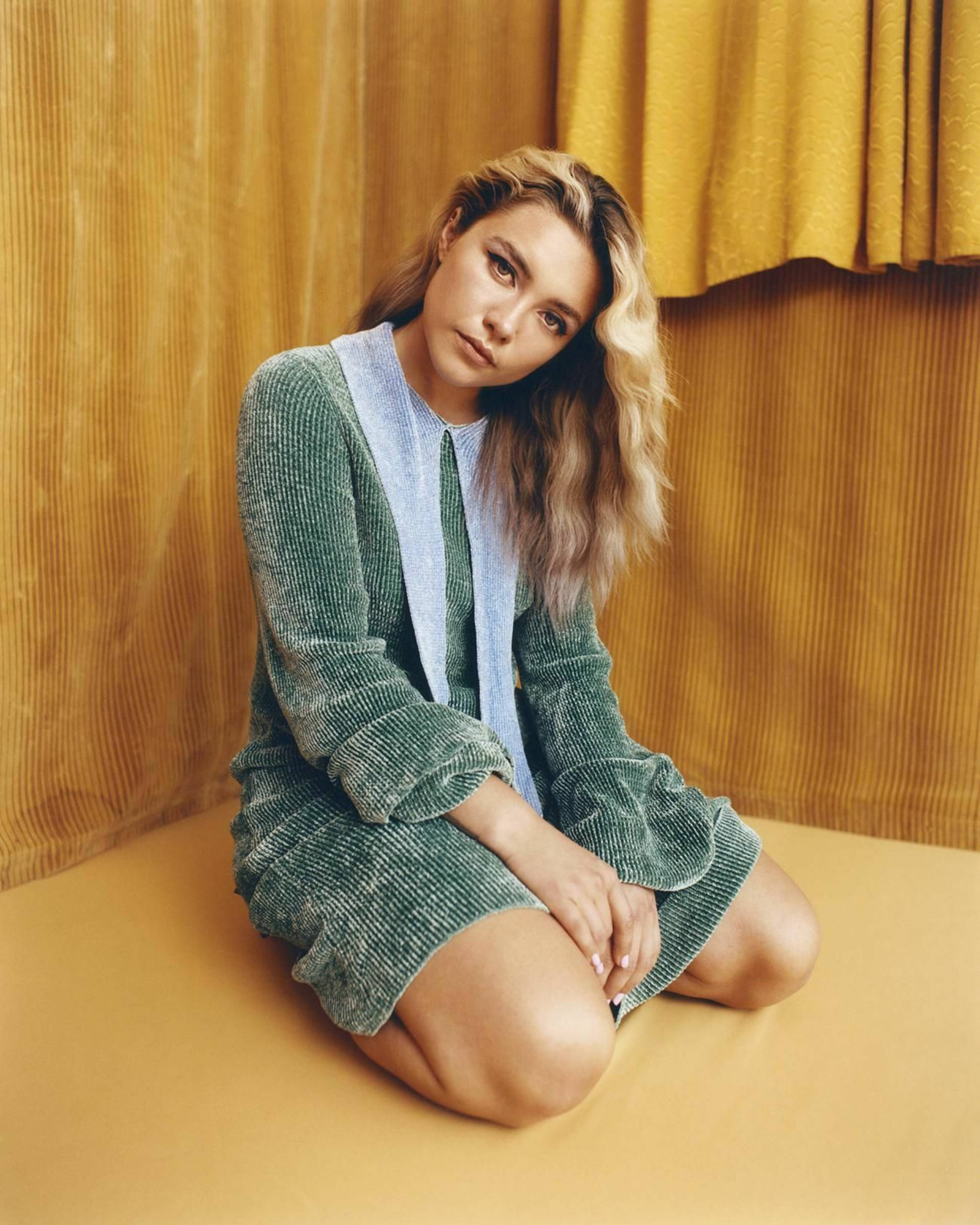 Florence Pugh, mustard yellow floor, textured gold backdrop, Full HD Phone Wallpaper