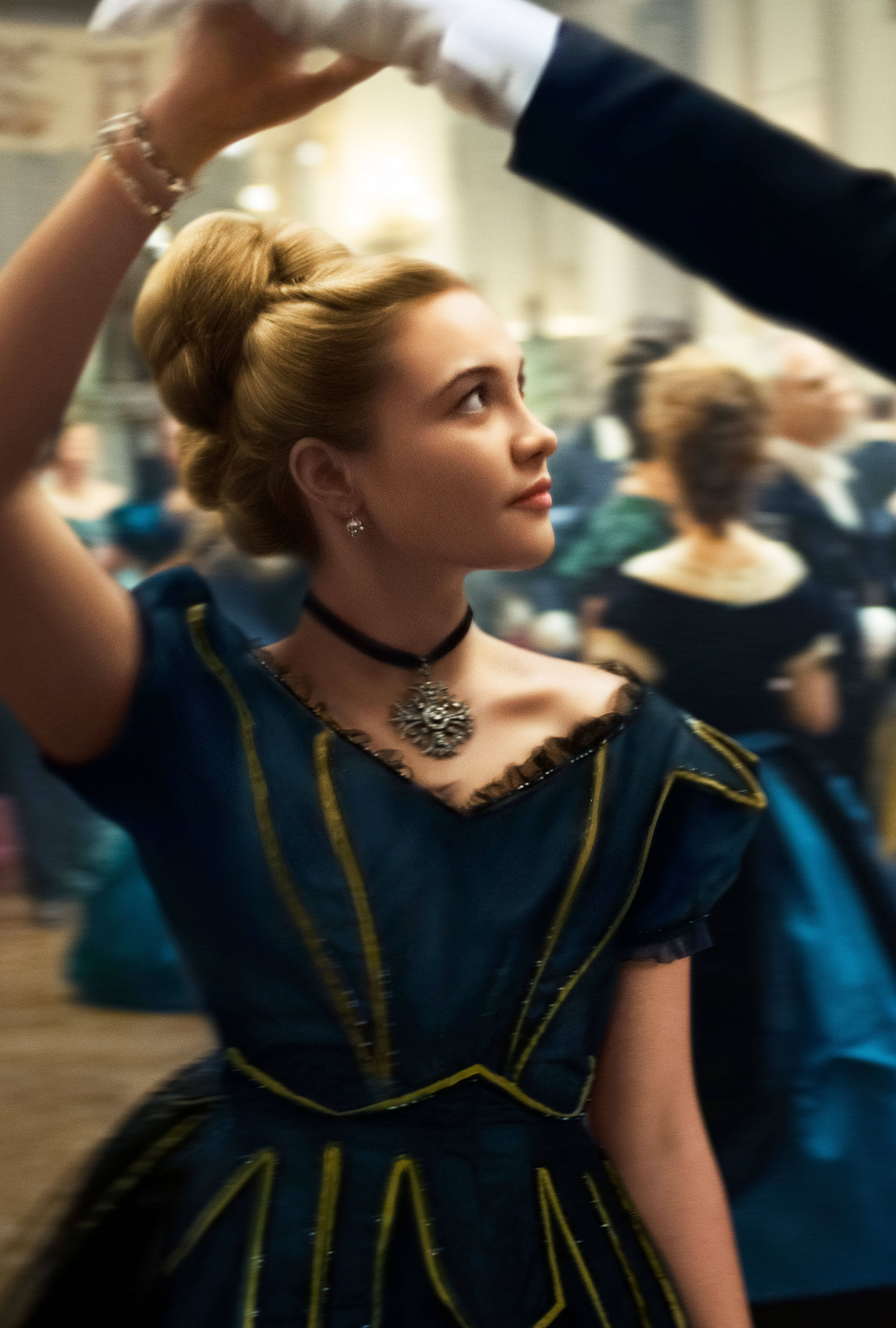 Florence Pugh, ballroom scene, elegant blue gown, 4K Phone Wallpaper